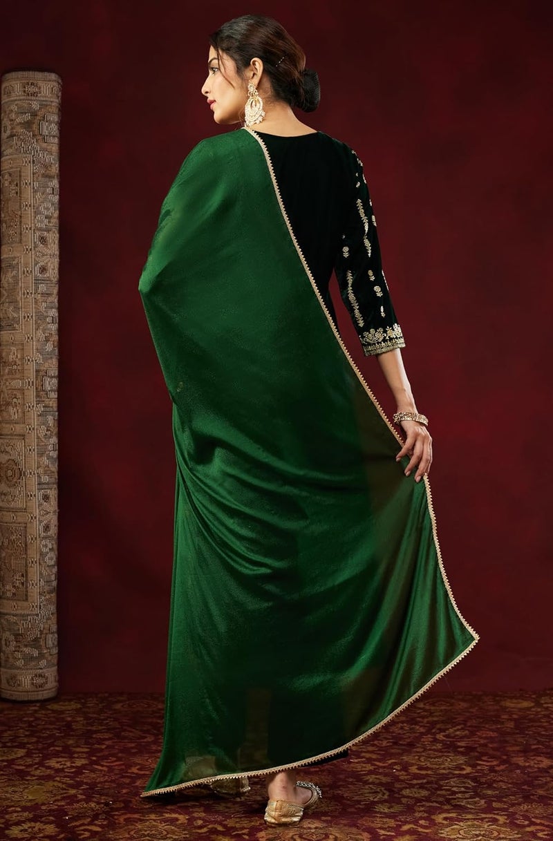 Janasya Women's Bottle Green Velvet Embellished Gold Printed Straight Kurta Set - Image 4